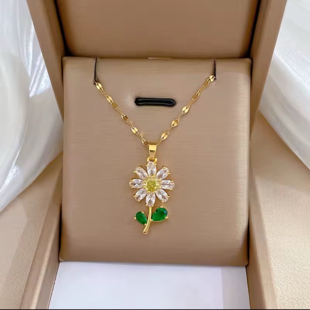 Green and Gold Minimalist Necklace  stainless steel with Floral Charm